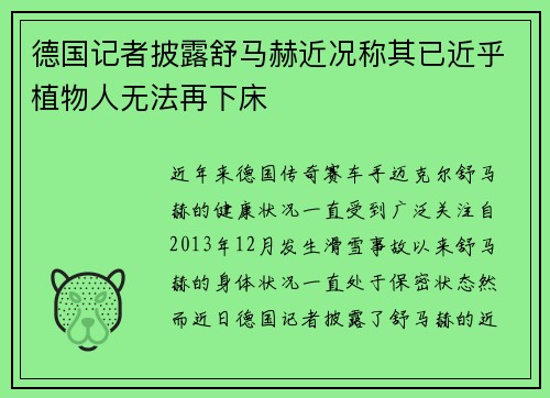 德国记者披露舒马赫近况称其已近乎植物人无法再下床
